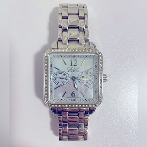 Citizen Eco Drive silver watch with mother of pearl face and Swarovski crystal